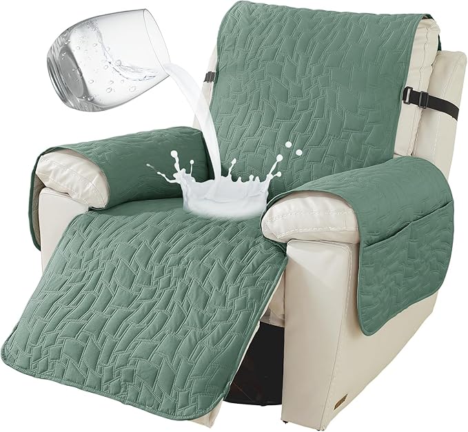 100% Waterproof Recliner Chair Covers for Reclining Chair, Small Recliner Covers That Stay in Place, Non-Slip Recliner Armchair Cover with Pockets for Kids, Pets, Dogs, Cat, Washable,Green,23I