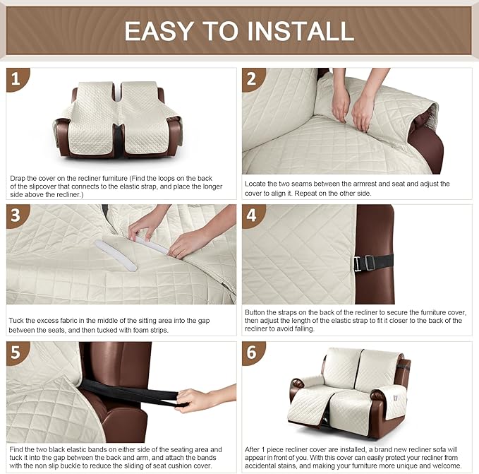 KinCam Waterproof Loveseat Recliner Cover, Non-Slip Reclining Couch Covers for 2 Seat, Recliner Sofa Cover Furniture Protector with Elastic Straps for Kids, Pets, Ivory