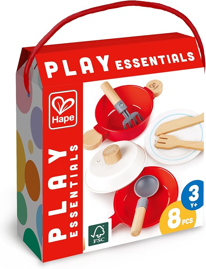 Hape: Little Chef Cook & Serve Set - 8pc Red & White, Wooden Kitchen Toy Playset, Pot & Pan, Cooking & Serving Utensils, Pretend Play, Kids Ages 3+