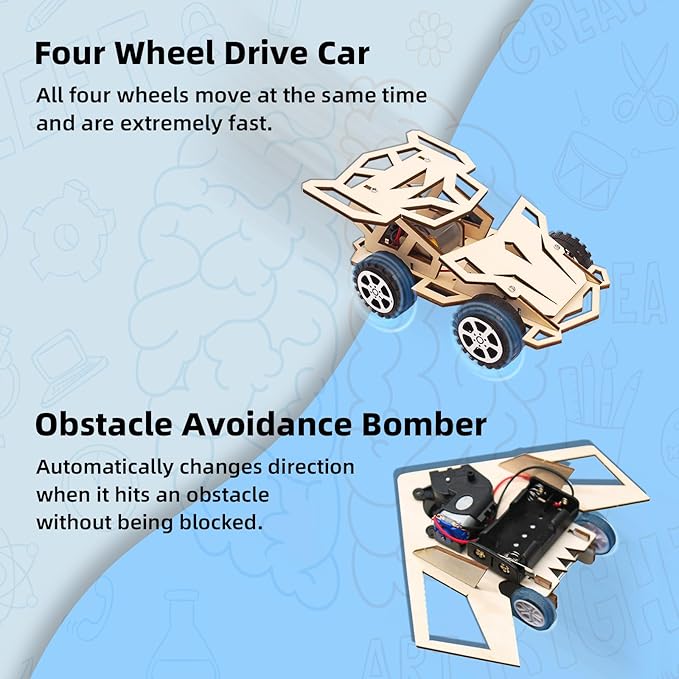 STEM Projects for Kids Ages 8-12, 2 in 1 STEM Kits for Kids, 3D Wooden Puzzles, Science Experiment Kits for Boys and Girls Age 8 9 10 11 12 13, Four Wheel Drive Car and Obstacle Avoidance Bomber
