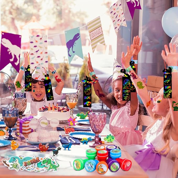 120Pcs Dinosaur Party Favors Dinosaur Birthday Party Supplies Dinosaur Stamps Slap Bracelets Keychains Rings Stickers Temporary Tattoos Bookmarks for Kids Dinosaur Pinata Bags Fillers Classroom Prizes