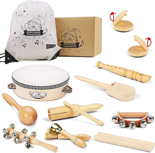 Chriffer Kids Musical Instruments Toys, Percussion Instruments Set with Storage Bag, Preschool Educational Music Toys for Boys Girls, Natural Eco-Friendly Wooden Music Set (10pcs)