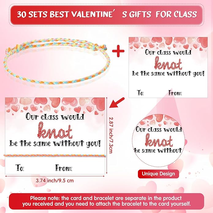Riceshoot Valentine Gifts for Kids Classroom Neon Bracelets Rope Bracelets Valentine’s Day Gift Cards Our Class Will Knot Be The Same Without You Cards for Kids Classroom Exchange