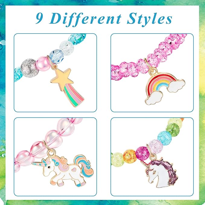 Hicarer 9 Pieces Unicorn Girls Bracelets for Toddler Little Girls Rainbow Bracelets Princess Colorful Cute Beaded Jewelry for Gift Goodie Bag Stuffers Birthday Party Favors(Bead Style)