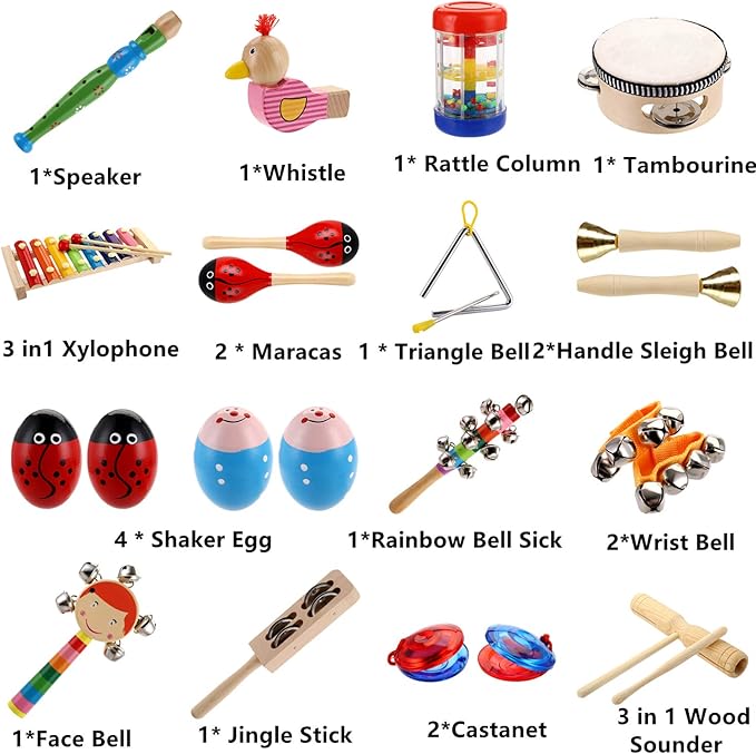 Yopay Toddler Musical Instruments, Kids Wooden Percussion Instruments Toys, Baby Rhythm Music Education Toys Set for Preschool Educational Early Learning, Boys and Girls with Storage Bag