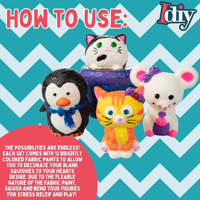 SCS Direct DIY Jumbo Animal Squishies 3.5" -6" (12pc) & Fabric Paint (12 Bottles) Combo Pack- White Kawaii Slow Rising Squishy Toys for Drawing, Painting, Decorating - Scented Stress Relief Craft