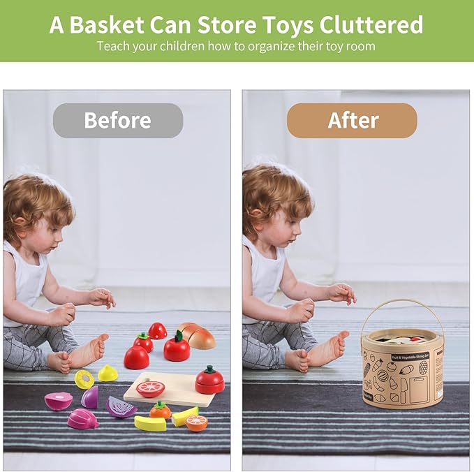 WHOHOLL Wooden Play Food for Kids Kitchen Playset, Play Kitchen Accessories Pretend Cutting Food Montessori Toys for 2+ Year Old with Basket, Toy Food for Fine Motor Skills