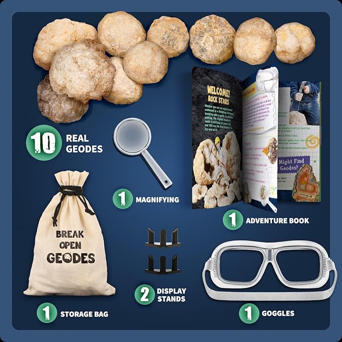 XXTOYS Break Open 10 Premium Geodes with Crystals – Great STEM Science Gift for Mineralogy & Geology Enthusiasts of Boys and Girls for Any Age - Includes Goggles, Learning Guide & 2 Display Stands