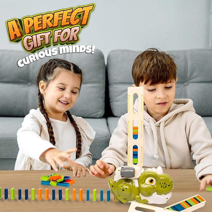 Atlasonix Dino Domino Train - 220 Dinosaur Dominoes Set for Boys & Girls - Birthday Gift Ages 3-10 - Montessori Jurassic T-Rex Toy with Automatic Rally Setter - Block Laying Machine