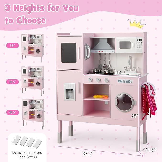 KOTEK Play Kitchen with Lights and Sounds, Wooden Toddler Kitchen Playset with Ice Maker, Washing Machine, Range Hood, 16 Pcs Toy Food & Cookware, Gift Chef Pretend Kitchen Set for Kids (Pink)