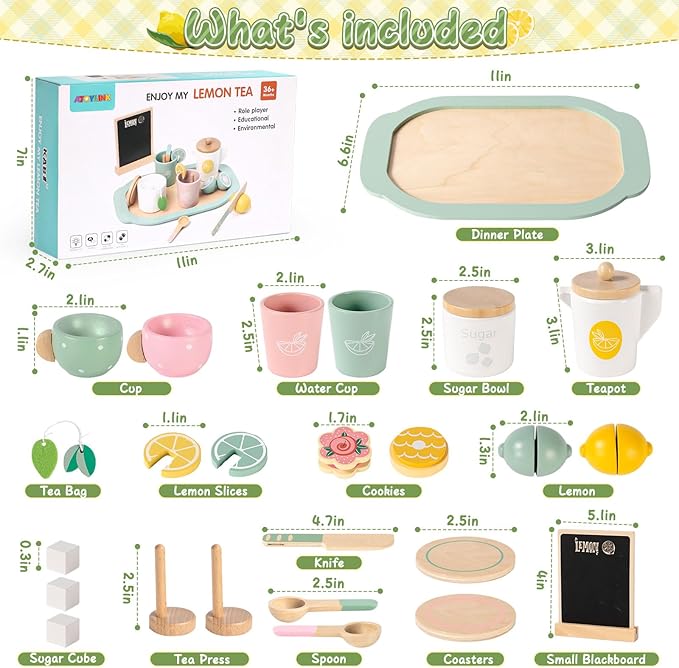 Toyssa Wooden Tea Party Set for Little Girls Toys Toddler Tea Set with Play Kitchen Accessories & Lemonade Stand & Black Board, Wooden Toys for Toddlers Aged 2 3 4 5 6, Birthday Kids Girls Gifts 3+