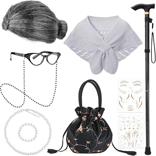 100 Days of School Old Lady Costume Include Wig,Glasses,Necklace,Bracelet,Glasses Chain,Bag,Cane,Shawl and Stickers 