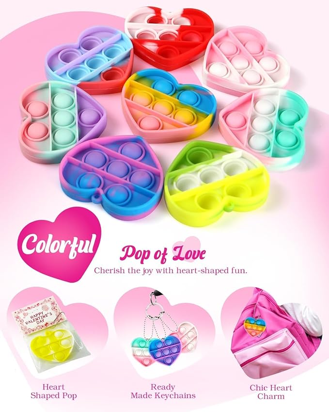 24 Packs Valentines Day Cards for Kids, Heart Pop Valentines Fidget Toys Bulk Stress Relief Fidget Toys for Kids Valentine's Party Favors School Classroom Exchange Gifts,Valentine's Day Gift