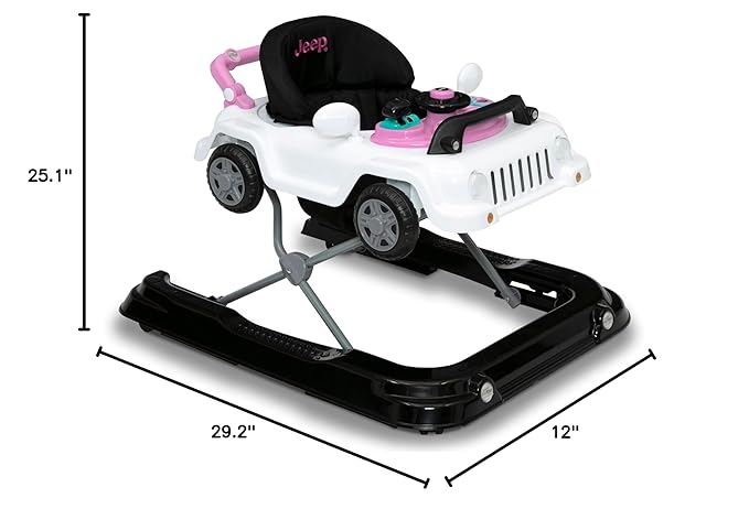 Jeep Classic Wrangler 3-in-1 Grow with Me Activity Walker - Features Music, Lights, Removable Play Tray, Push Walker Mode, Converts into Rolling Car Toy, White/Pink