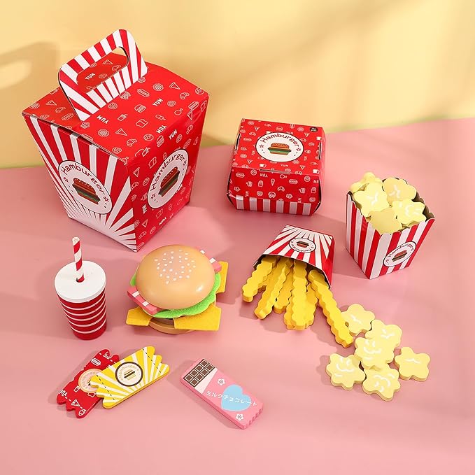 Wooden Fast Food Burger Fries Deluxe Dinner Set, Kitchen Pretend Play Accessories Toy, Realistic Burger Fries Pretend Play Food Set Toy House Props Educational