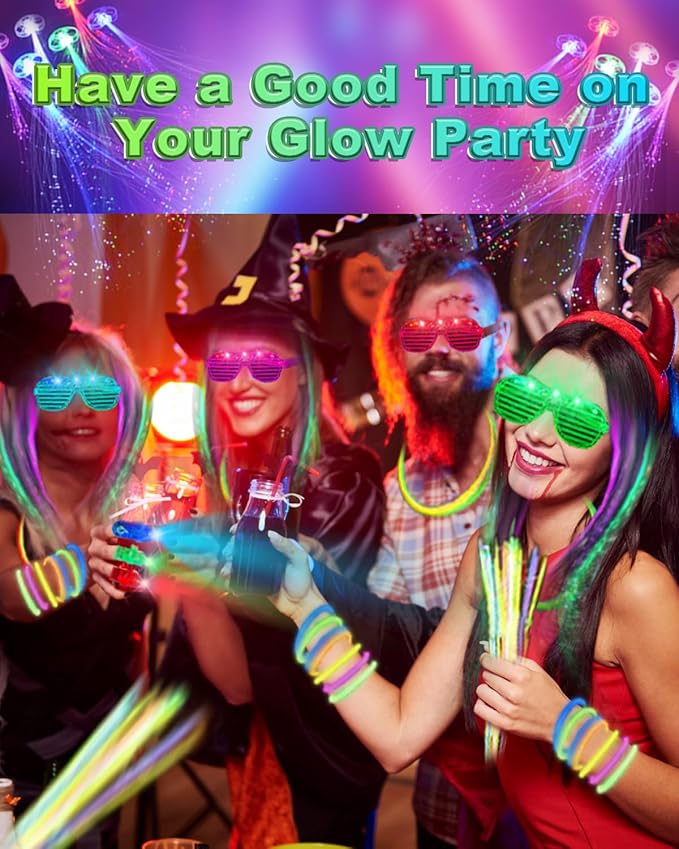 270 PCS Glow In The Dark Party Supplies for Kids Adults, 100 Glow Sticks Bulk Party Pack Light Up Party Favors, 12 LED Glasses, 32 Finger Lights, 8 LED Hair Clips for Wedding Birthday Halloween