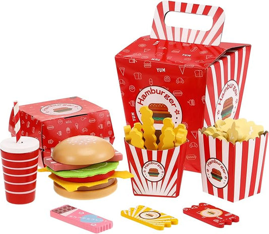 Wooden Fast Food Burger Fries Deluxe Dinner Set, Kitchen Pretend Play Accessories Toy, Realistic Burger Fries Pretend Play Food Set Toy House Props Educational