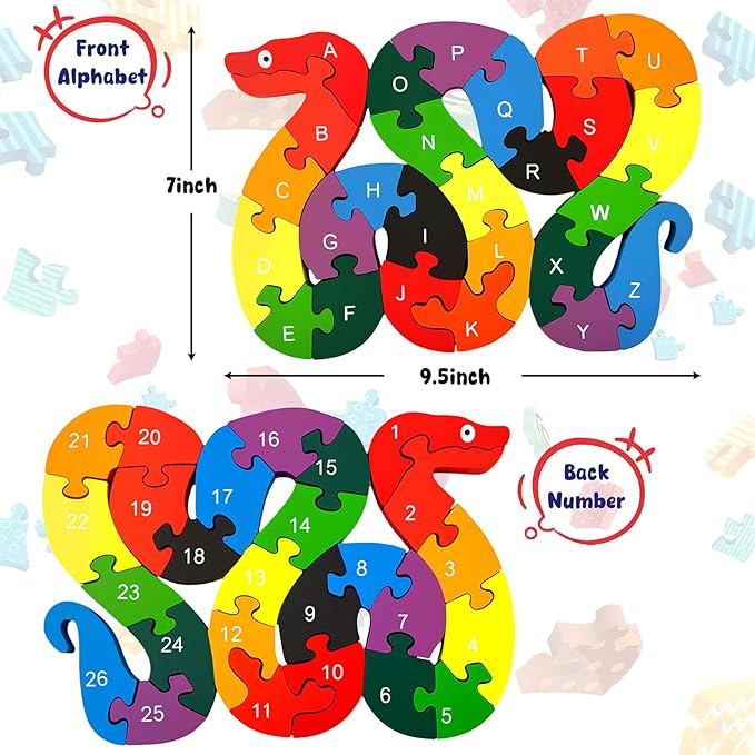 LOVESTOWN Alphabet Jigsaw Puzzle, Building Blocks Animal Wooden Puzzle, Wooden Snake Letters Numbers Block Toys for Kids Birthday Gifts