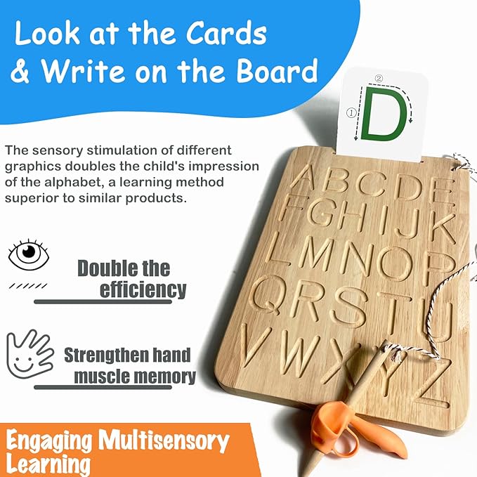 Montessori Alphabet Tracing Board, Oak Made Come with 26 Pcs Cards & Pen Grip Toddlers Double-Side Learning Toys ABC 3+ Kids Preschool Practice Materials Letters Writing Homeschool
