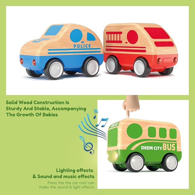 3pcs Wooden Toys Cars, Taxi, Fire Truck, City Bus, Educational Toy, Early Learning for Toddlers, Colorful Vehicles Play Set for 2 3 Year Old Boys Girls Christmas Birthday Gift