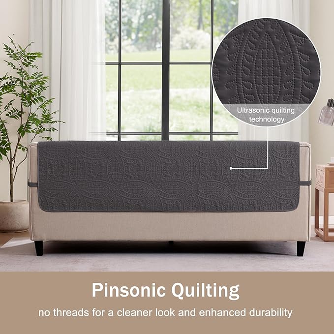 Water Repellent Gray Loveseat Cover for 2 Cushion Couch, Machine Washable Love Seat Quilted Couch Covers, Pet Friendly Slipcovers (Loveseat 48", Gray)