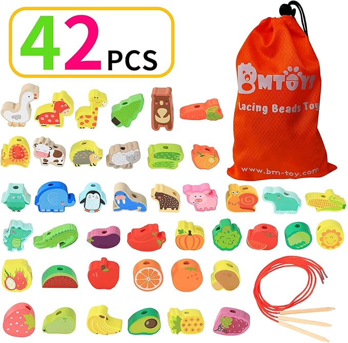 BMTOYS Montessori Educational Threading Toys Wooden Stringing Farm Animals Fruits Lacing Beads Preschool Toy for Toddler 3 4 5 Year Old Boys Girls