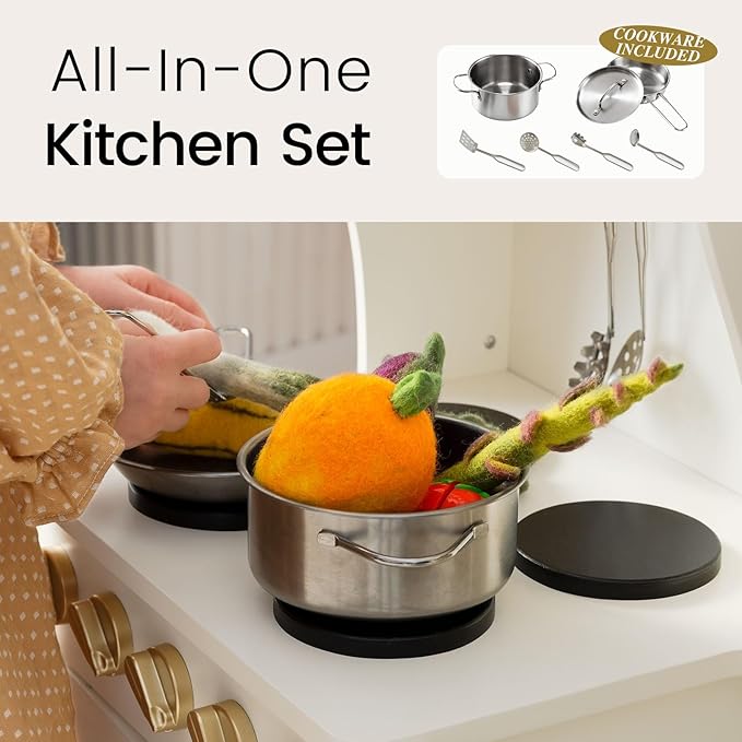 Tiny Land Play Kitchen for Kids, Wooden Play Kitchen with Toy Storage System, Toy Kitchen Set with Plenty of Play Features, Kids Play Kitchen Designed, Gift for Ages 3+