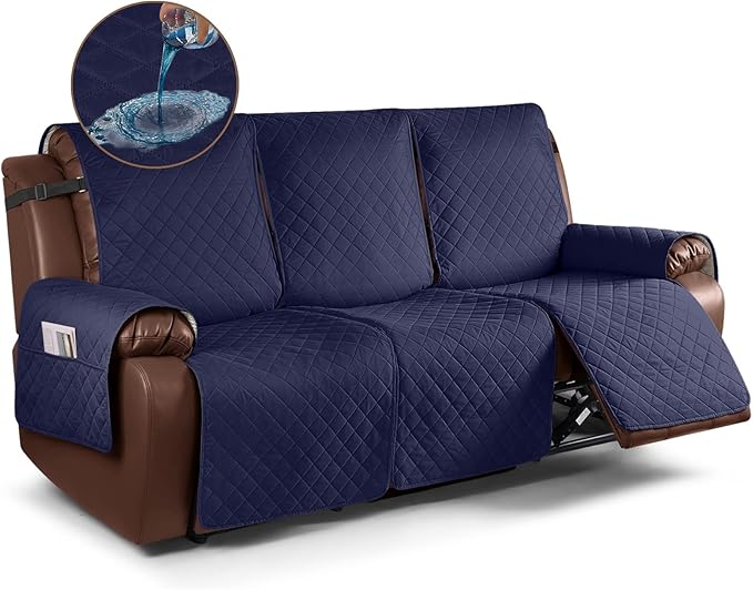 KinCam Waterproof Recliner Sofa Cover, Non-Slip Reclining Couch Covers for 3 Seat, Recliner Couch Cover Furniture Protector with Elastic Straps for Pets, Kids, Dark Blue
