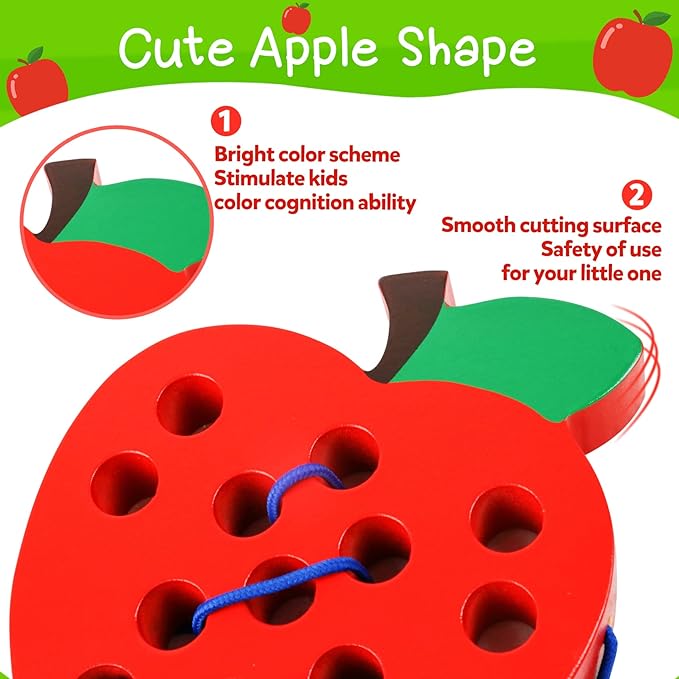 Lacing Toys for Toddlers - Wooden Lacing Apple Threading Toy, Shape Puzzle Fun Travel Game for Montessori Early Learning of Fine Motor Skills Lacing Toy, Educational Gift for Boys and Girls Ages 3-5