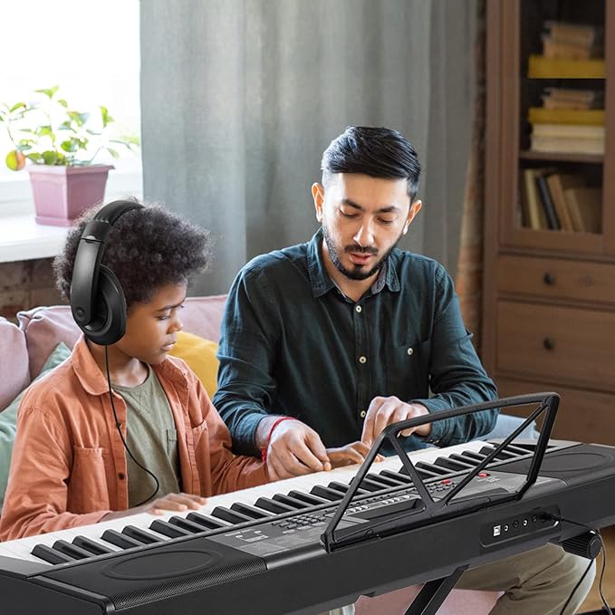 MUSTAR Piano Keyboard, MEKS-500 61 Key Learning Keyboard Piano with Lighted Up Keys, Electric Piano Keyboard for Beginners, Stand, Pedal, Headphones/Microphone, USB Midi, Joystick, Built-in Speakers