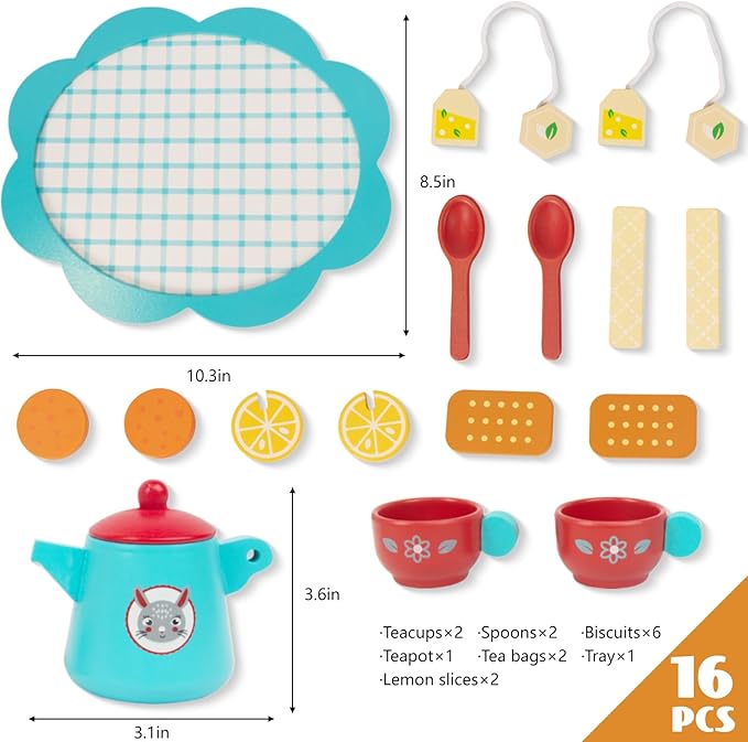 Wooden Tea Set for Little Girls, Play Food Pretend Play Kitchen Accessories for 3 4 5 Years Old Girls Boys, Toddler Princess Tea Time Party Food Toys