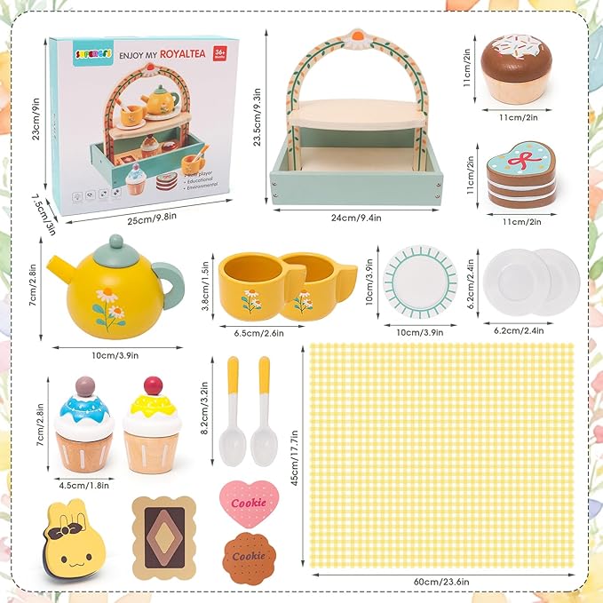 Wooden Tea Party Set for Little Girls Toddler Tea Set Toys with Cupcake Stand & Play Food Kitchen Accessories, Wooden Pretend Play Toys for Toddlers Christmas Birthday Gift for 3 4 5 6 Years Old Girl