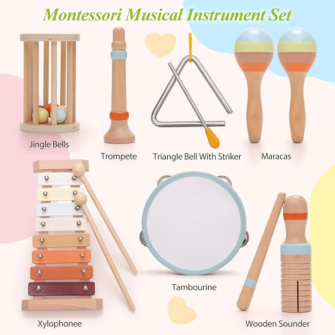 Baby Musical Instruments,Montessori Wooden Percussion Instruments Toy for Toddlers1-3, with Modern Boho Xylophone Tambourine for Kids Preschool Educational 3+ Christmas Birthday Gifts