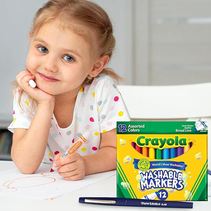 Crayloa Broad Line Markers for Kids Assorted Colors 2-Pack (24 Count) Classic Washable Markers for Classroom, School Supplies, Ages 3+ With Bonus Medium Paper Mate Pen