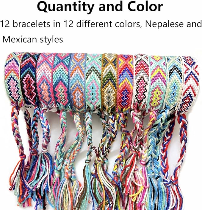Woven Friendship Bracelets, Braided Bracelets String, Adjustable Nepal Bracelet,Mexico Wave Anklet for Best Friends Kids Women Girls Kids Men, Assorted Colorful(12PCS)