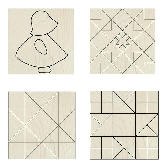 Set of Four 9 Inch Barn Quilt Kit DIY Pattern Unfinished Wood Quilting Block Sign Paintable Crafts for Women, Children, Men, Party (Dutch Girl, Patchwork Star, HST Double Friendship)