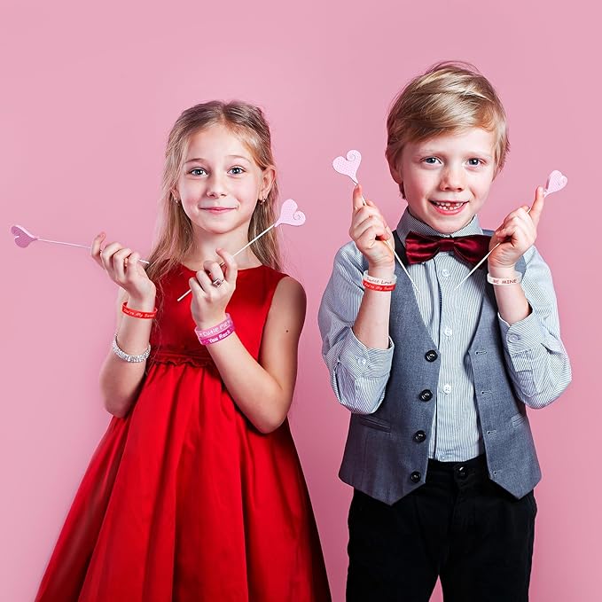 Morcheiong 70 Pcs Valentine's Day Silicone Bracelets Pink Red Party Favors Classic Rubber Wristbands for Kids Adults Valentine's Day Party Decorations