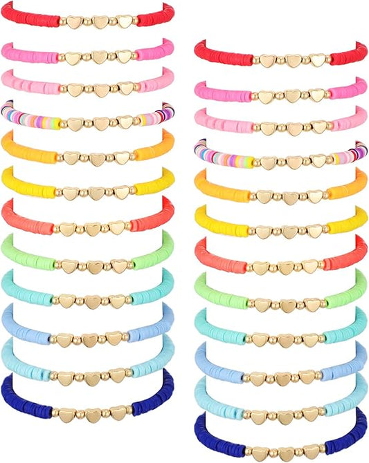 Sureio 24 Pcs Colorful Friendship Bracelets Heart Bracelets Surfer Bracelets Stretch Beaded Kids Bracelet for Girls Women Valentine's Day Gifts Tween Girl Party Favors