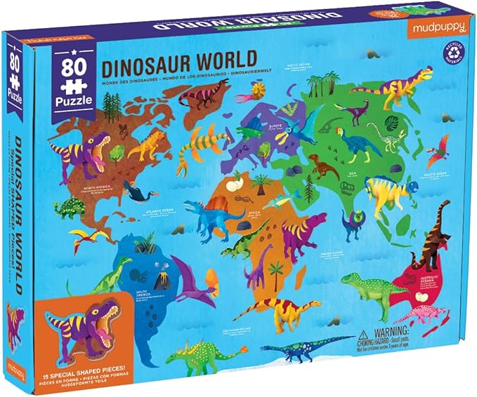 Mudpuppy Dinosaur World – 80 Piece Geography Puzzle with Dino Shaped Pieces Featuring a Variety of Dinosaurs and Where They Used to Live on Earth