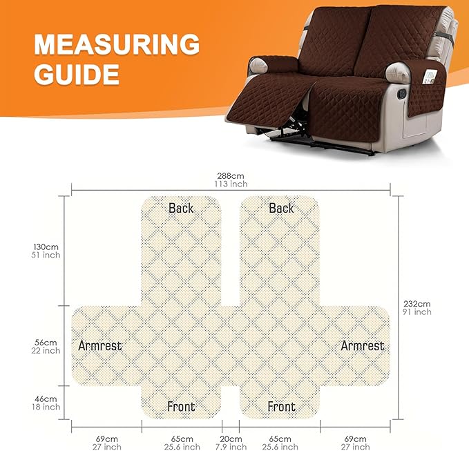 Waterproof Recliner Loveseat Sofa Cover with Pocket, 1-Piece Reversible Couch Cover for 2 Seat Recliner, Protector with Elastic Straps for Pets, Kids (Recliner Loveseat, Dark Coffee)