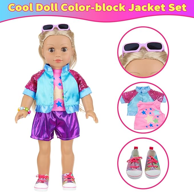 10 Pcs American 18 Inch Doll Accessories, 3-piece 18 Inch Doll Clothes Set with Doll Shoes, Hair Clip, Gradient Backpack, Bracelet, Sunglasses, Notebooks, Toy Tablet, Phone - Best Gift for Kids