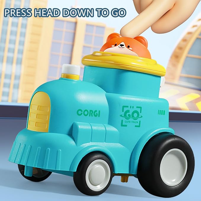 4 in 1 Toddler Train & Car Toys Set - Press & Go Animal Racing Cars for 1-3 Year Old Boys, Baby Vehicle Toys for 6-18 Months, First Birthday Gift for Toddler Boys