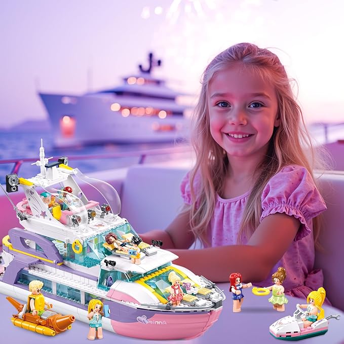 Friends Pink Yacht for Girls 8-12, Cruise Ship Building Toys with 8 Minifigures & 2 Boats, Compatible with Lego Friends Girls Ship, Gifts for Kids Girls Ages 8+, 1108 PCS