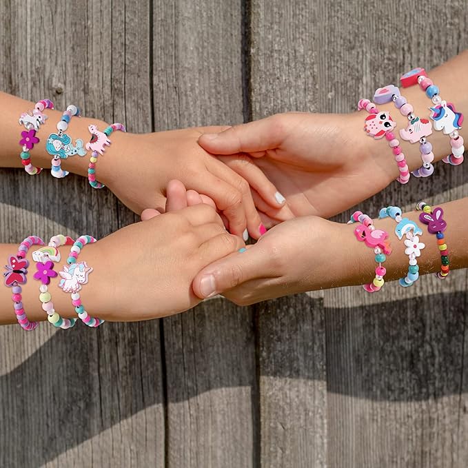 G.C 12 Pcs Girls Bracelets Jewelry for Kids Cute Unicorn Mermaid Animal Pendant Colorful Wooden Beaded Bracelets Princess Pretend Play Gifts for Toddlers
