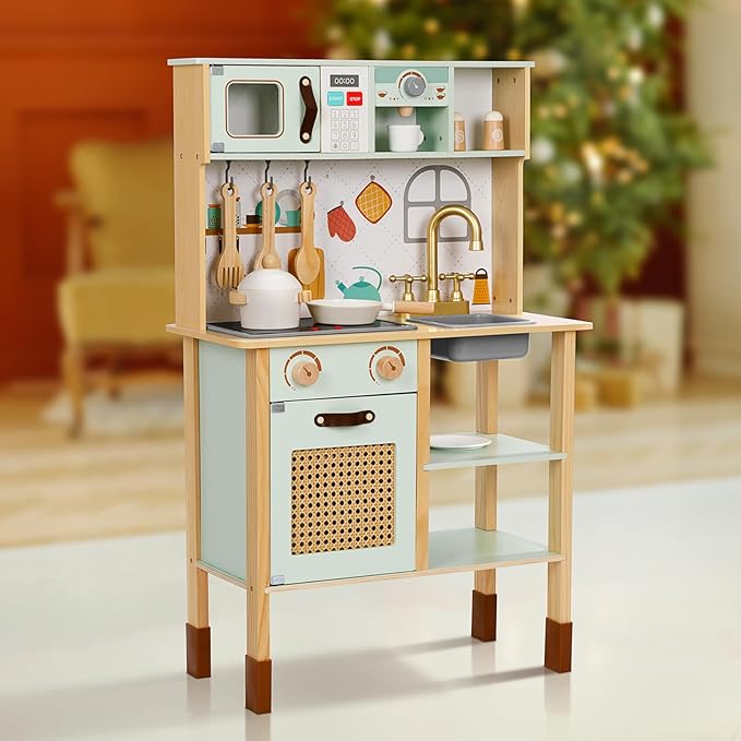 Play Kitchen, Kids Play Kitchen with Real Light & Sounds, Toy Kitchen for Toddlers with Cookware Accessories, Play Kitchen Sets for Kids Ages 4-8, Gift for Boys and Girls.