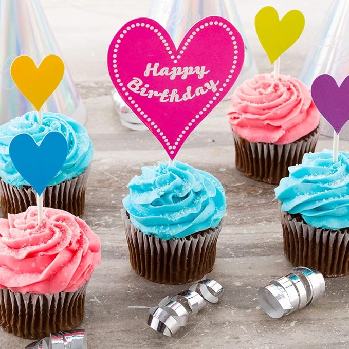 Restaurantware Top Cake 6.3 x 3 Inch Happy Birthday Cupcake Topper 10 Piece Assorted Happy Birthday Cupcake Picks - Colorful Birthday Party Cake Decoration Supplies Paper Heart Cupcake Toppers