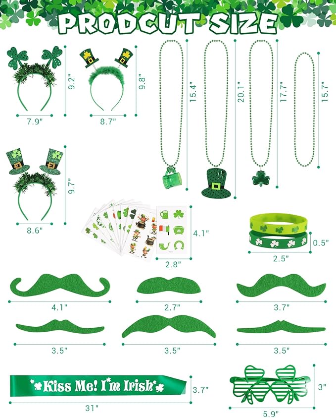 117Pcs St. Patrick's Day Party Favors Supplies Include Necklace, Shamrock Shutter Shades Glasses, Tattoos, Mustache, Bracelets, Kiss Me I'm Irish Sash for Kids St Patrick's Day Party Accessories Decor