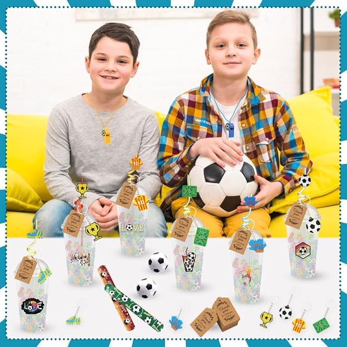 Soccer Party Favors, 172 pcs Birthday Party Supplies contains Cups, Straws, Whistles, Bracelets, Keychains, Stickers, Soft Balls, Tatoo Stickers, Thank You Tags for Sport Themed Birthday Decors