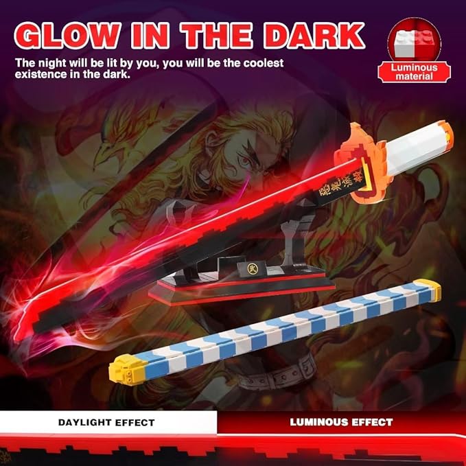 Jorumo Demon Slayer Sword Building Set, 27in Rengoku Kyoujurou Sword Building Block with Scabbard and Stand, Cosplay Anime Sword Toy Building Set for Collecting 790 Pieces, Luminous