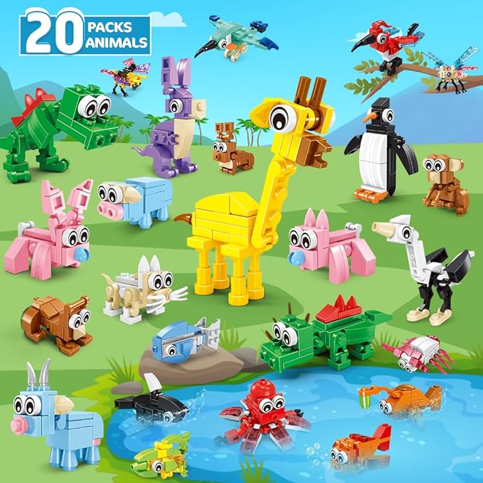 HOGOKIDS 20 Packs Party Favors for Kids, 60 Kinds of Mini Animals Toy Building Block Set for Classroom Prizes Goodie Bag Stuffers Christmas Valentines Easter Birthday Gift for Boys Girls Ages 6-12+